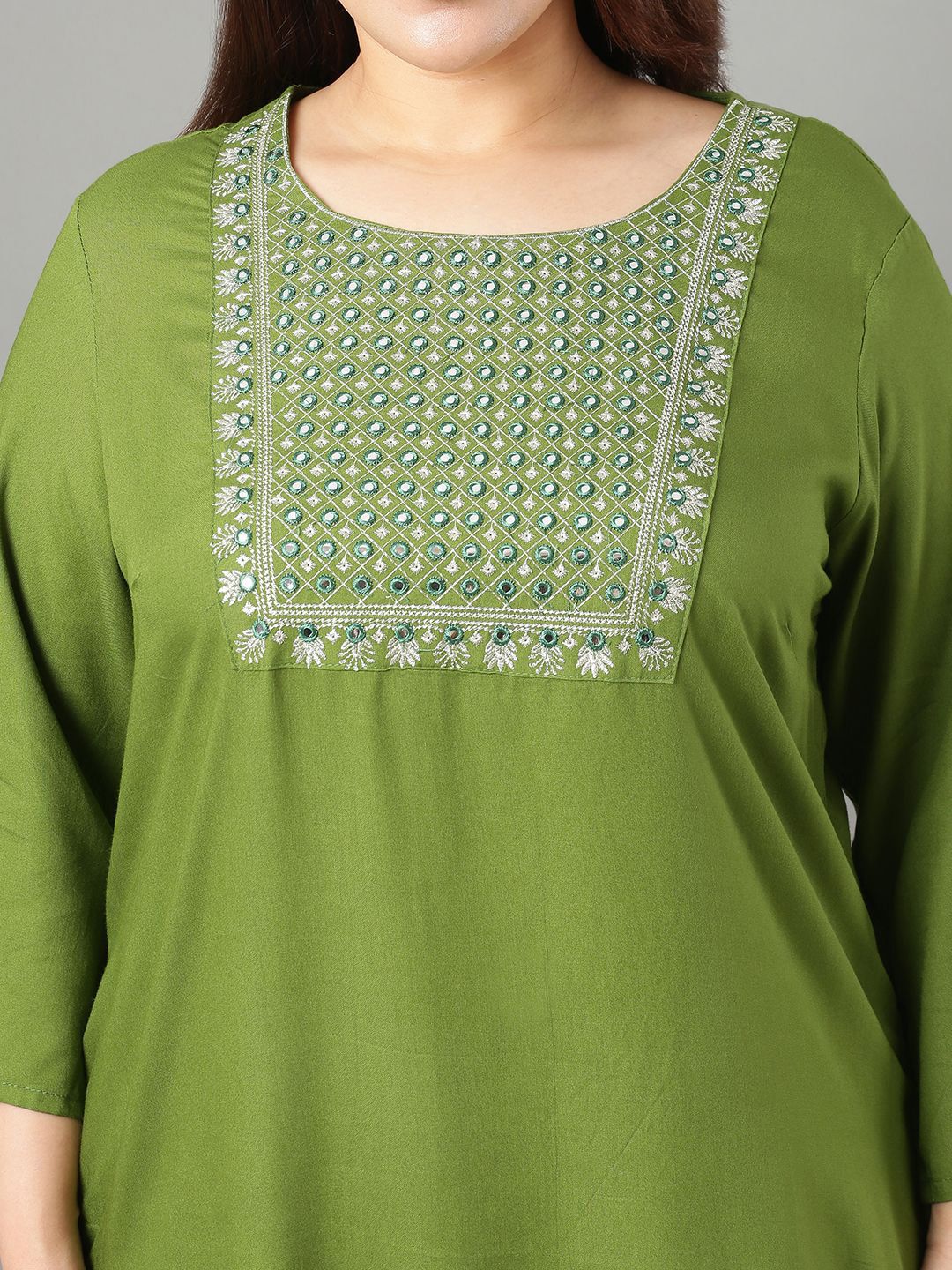 Sztori Plus Size Floral Yoke Design Mirror Work Straight Kurta