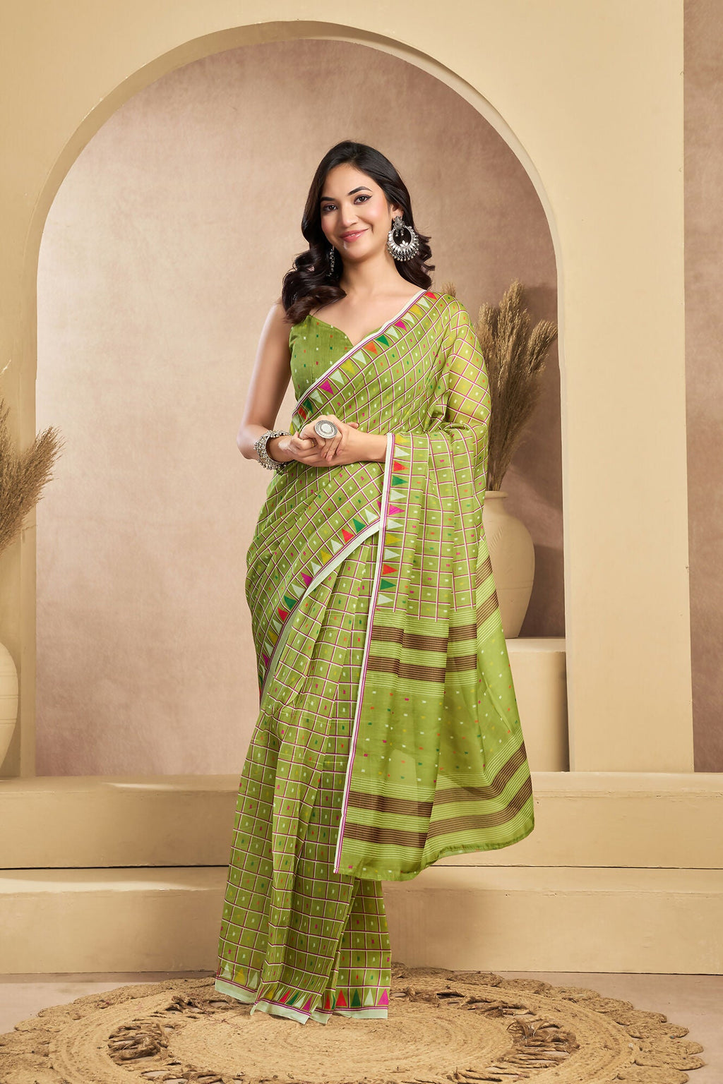 Vastranavya Mehendi Digital Printed Linen Ready To Wear Designer Saree with Unstitched Blouse