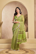 Vastranavya Mehendi Digital Printed Linen Ready To Wear Designer Saree with Unstitched Blouse