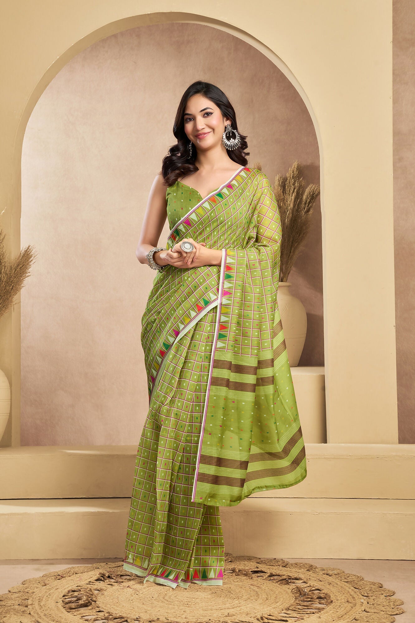Vastranavya Mehendi Digital Printed Linen Ready To Wear Designer Saree with Unstitched Blouse
