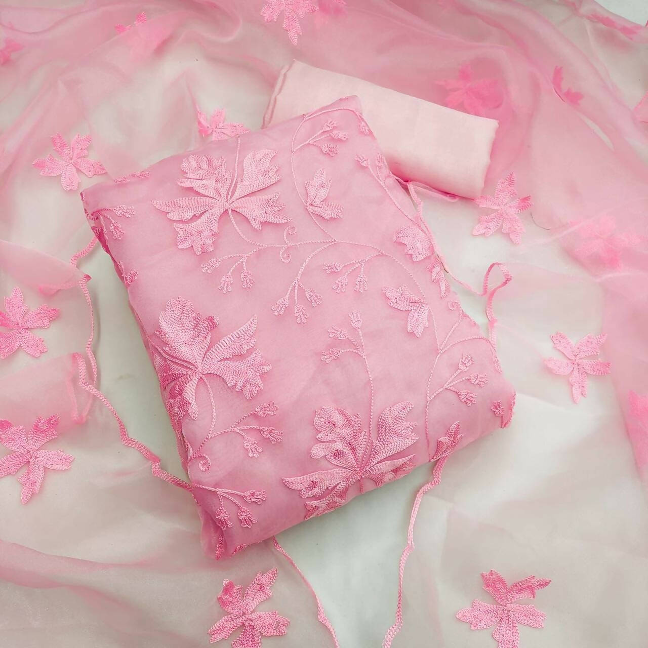 Pink Heavy Organza Silk Embroidered Unstitched Dress Material - Amara