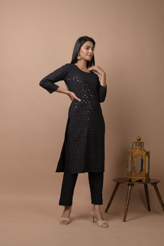 Kaajh Women's Black Solid Sequins Embellished Kurta Pant Set