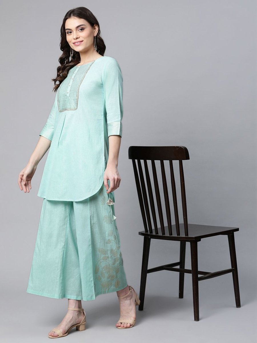 Ahalyaa Women Teal Pure Cotton Gold Foil Printed Pakistani Style Kurta Palazzo Set