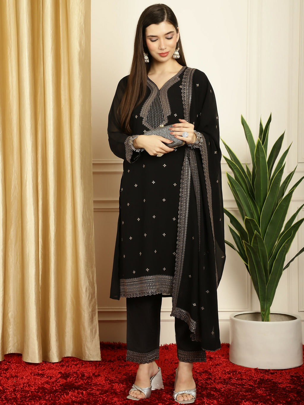 Jyoti Fashion Women's Black Georgette Resham Thread & Sequin Kurta with Trouser & Dupatta