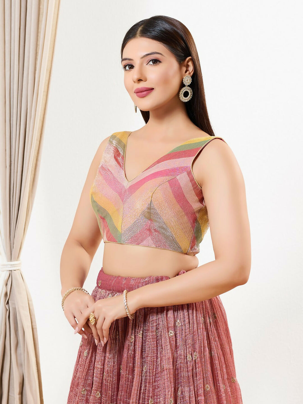 Joban Fashion Rust Tissue Padded Blouse With V Neck Sleeveless
