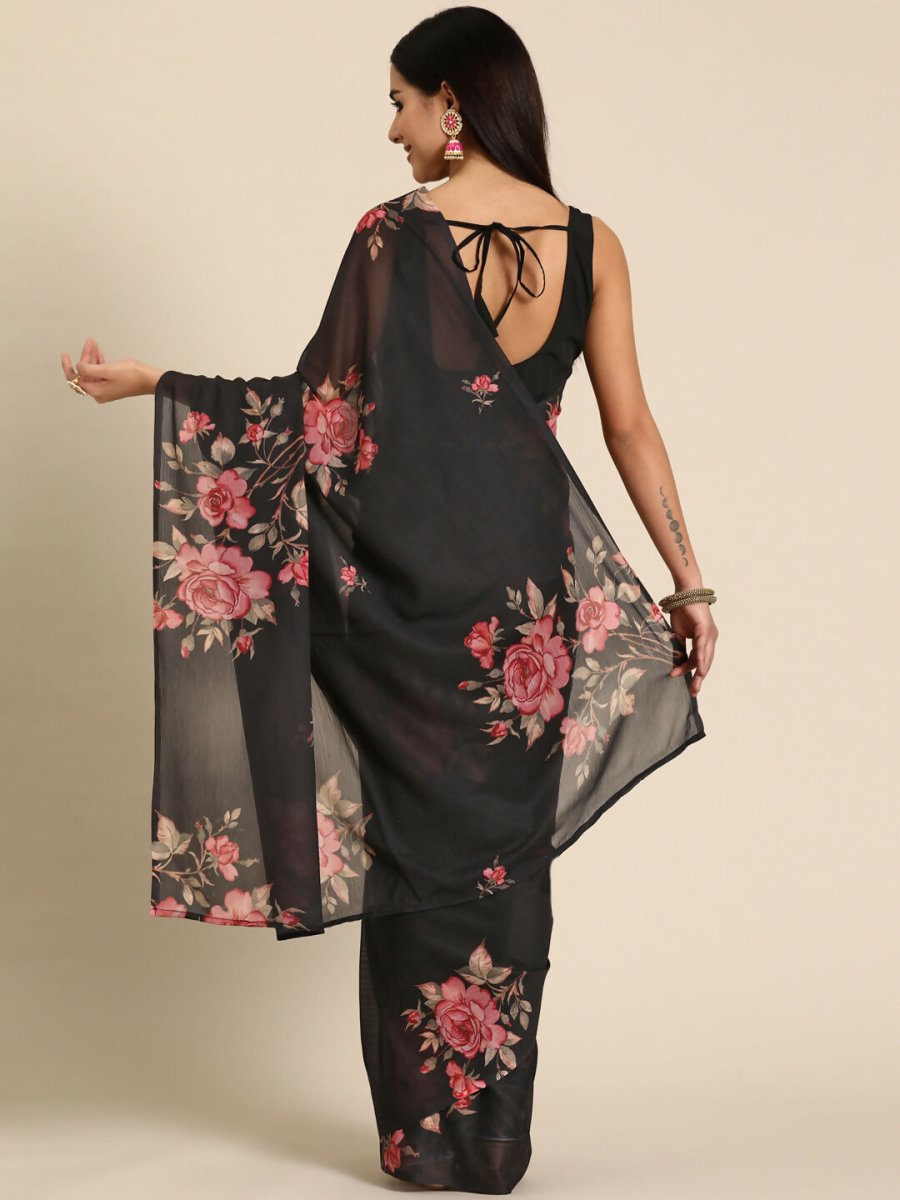 Ahalyaa Women's Traditional Semi Stitch Saree - Black