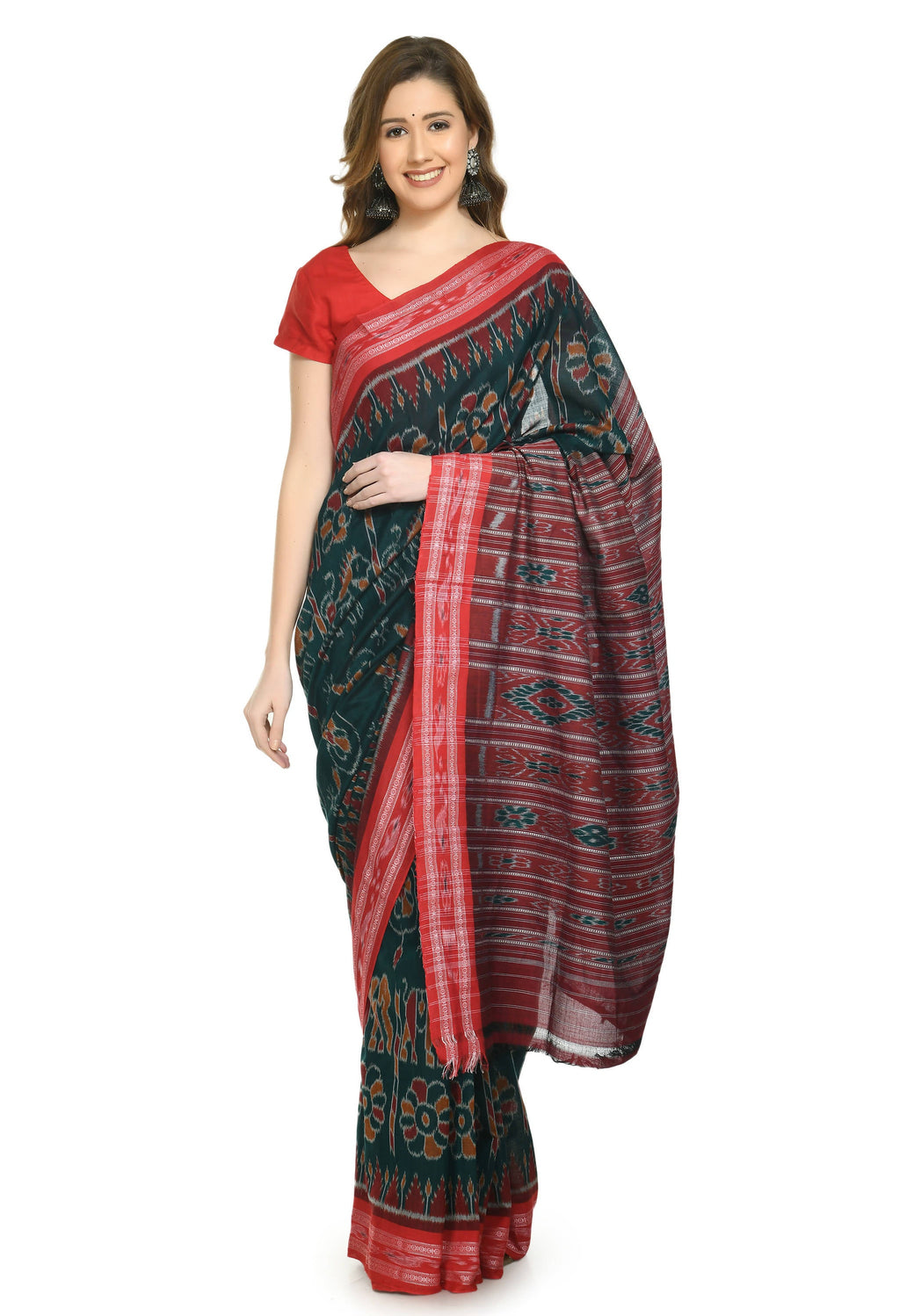 Vamika Sambalpuri Ikat Cotton Dehabandha Green & Red Saree