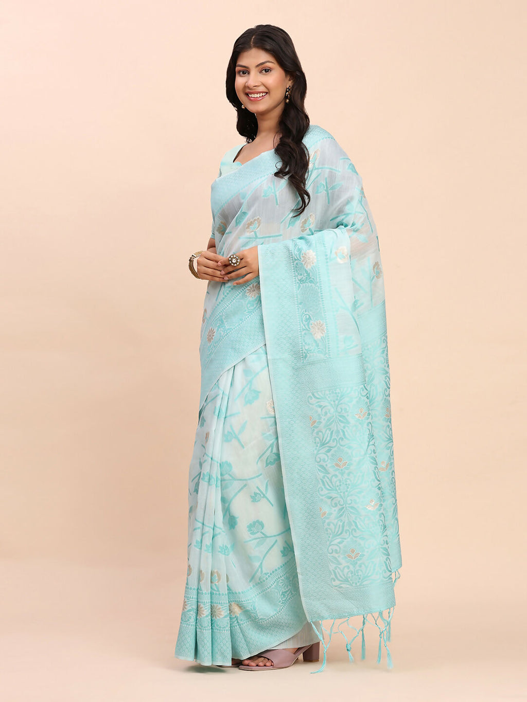 Shree Shyam Fashion Linen Cotton Sky Blue Saree