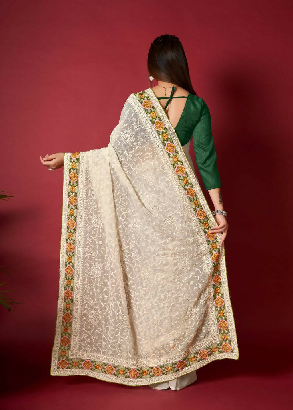 Vamsee White Georgette Designer Saree