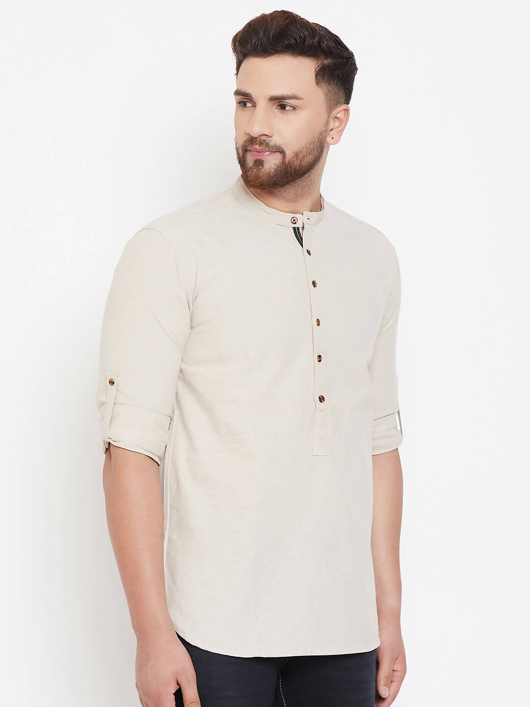 Even Apparels Beige Pure Cotton Men's Kurta With Band Collar