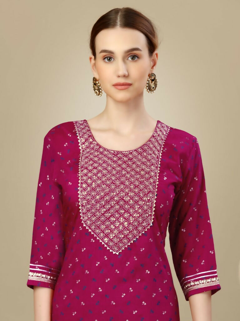 Jyoti Fashion Women's Rani Pink Silk Blend Embroidery & Sequence work Kurta with Trouser & Dupatta