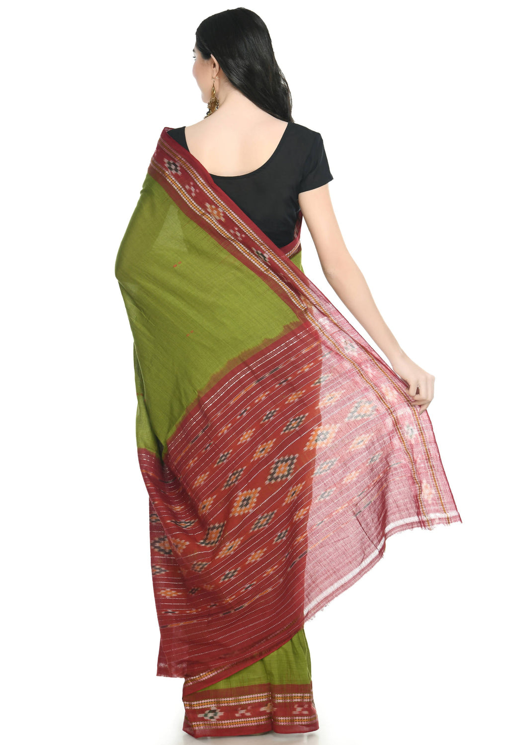 Vamika Sambalpuri Ikat Cotton Rekhabala Buti Green & Red Saree