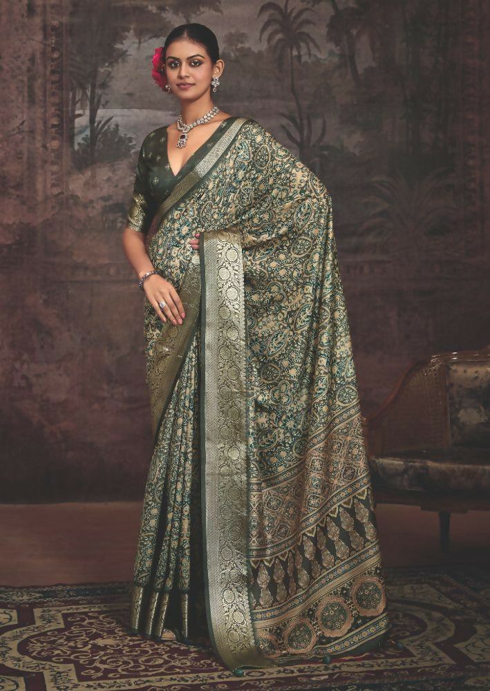 Joban Fashion Mehendi Green Dola Tussar Silk Self Jacquard Border Saree