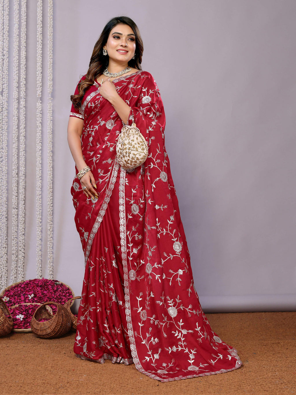 Red Pure Satin Embroidered Saree With Stitched Blouse - Nimaya Kaksha