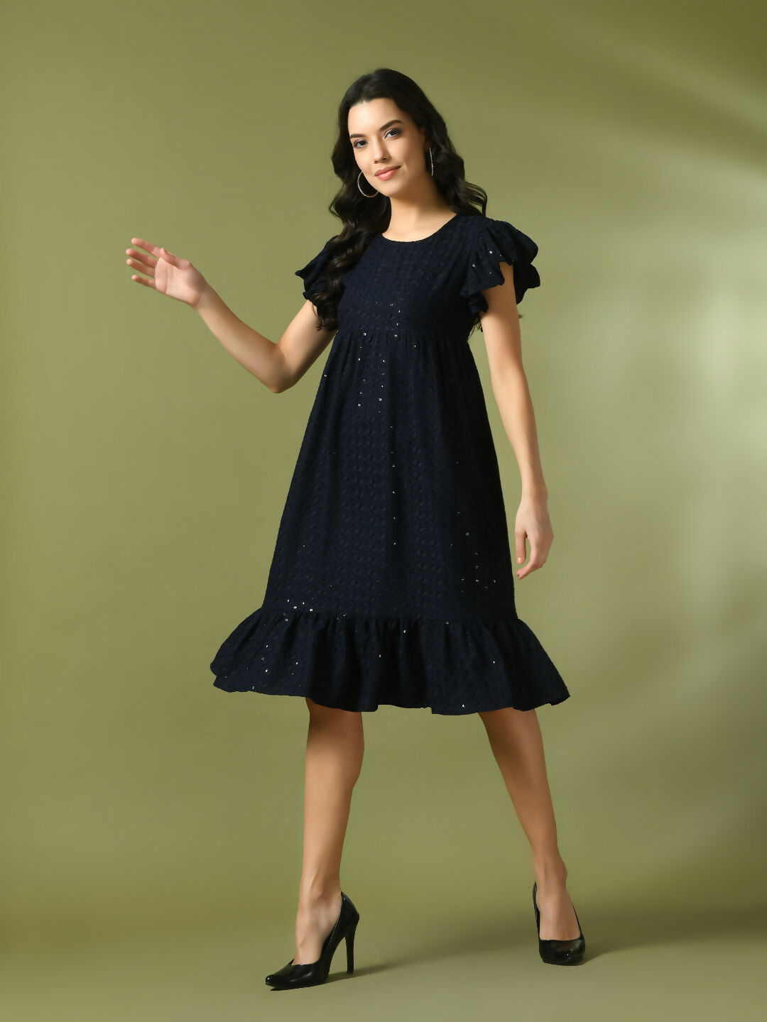 Myshka Women's Navy Blue Embroidered Cotton Round Neck A-Line Party Dress