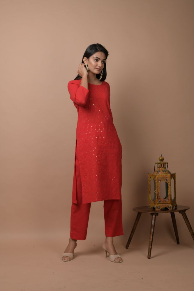 Kaajh Women's Red Solid Sequins Embellished Kurta Pant Set