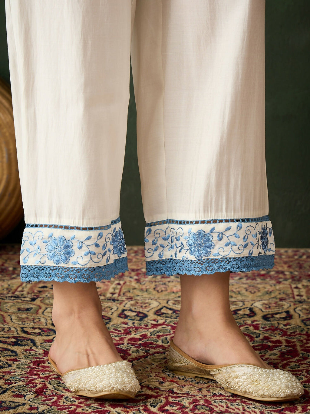Blue & White Roman Silk Embroidered Kurta With Trouser & Dupatta - Bhumi