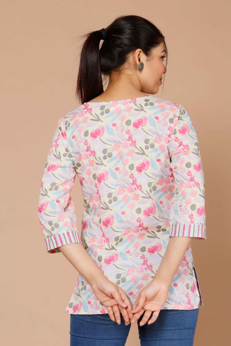 Miravan Women's Floral Printed Pure Cotton Pink Kurti