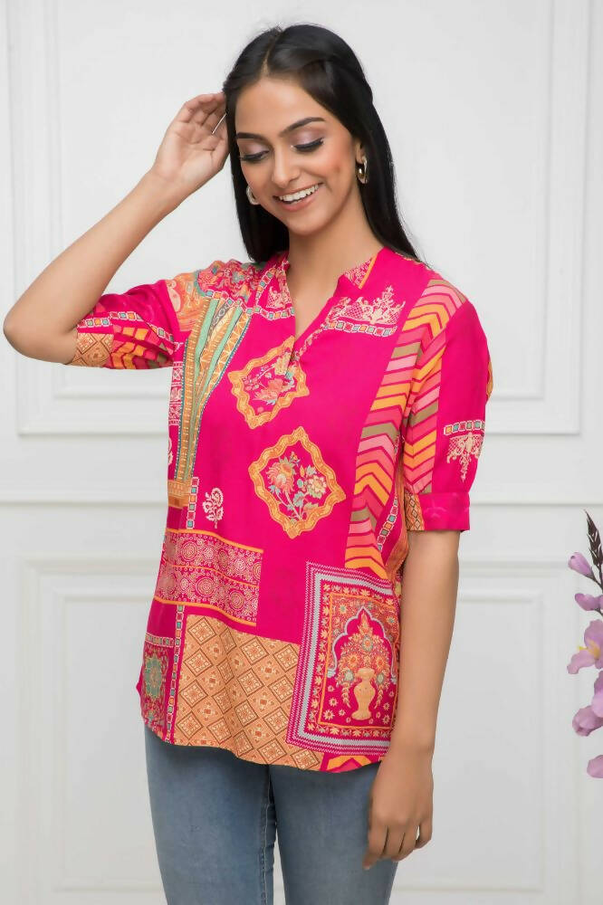 Myshka Women Red Floral Mandarin Collar Regular Sleeves Viscose Rayon Top