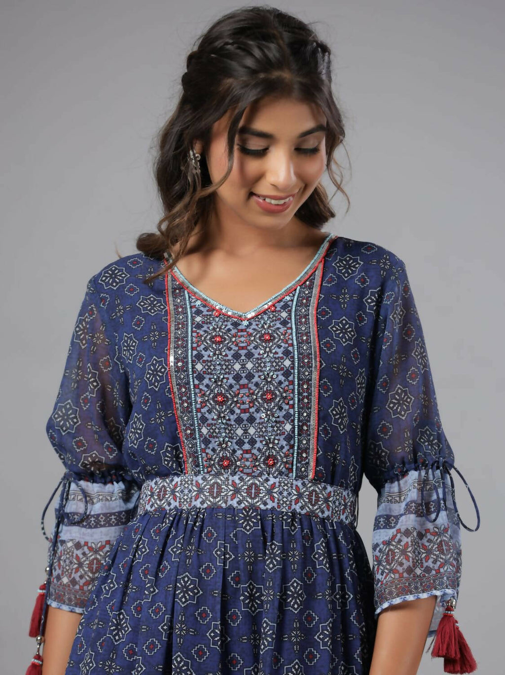 Juniper Women Navy Blue Georgette Geometric Printed Tiered Maxi Dress