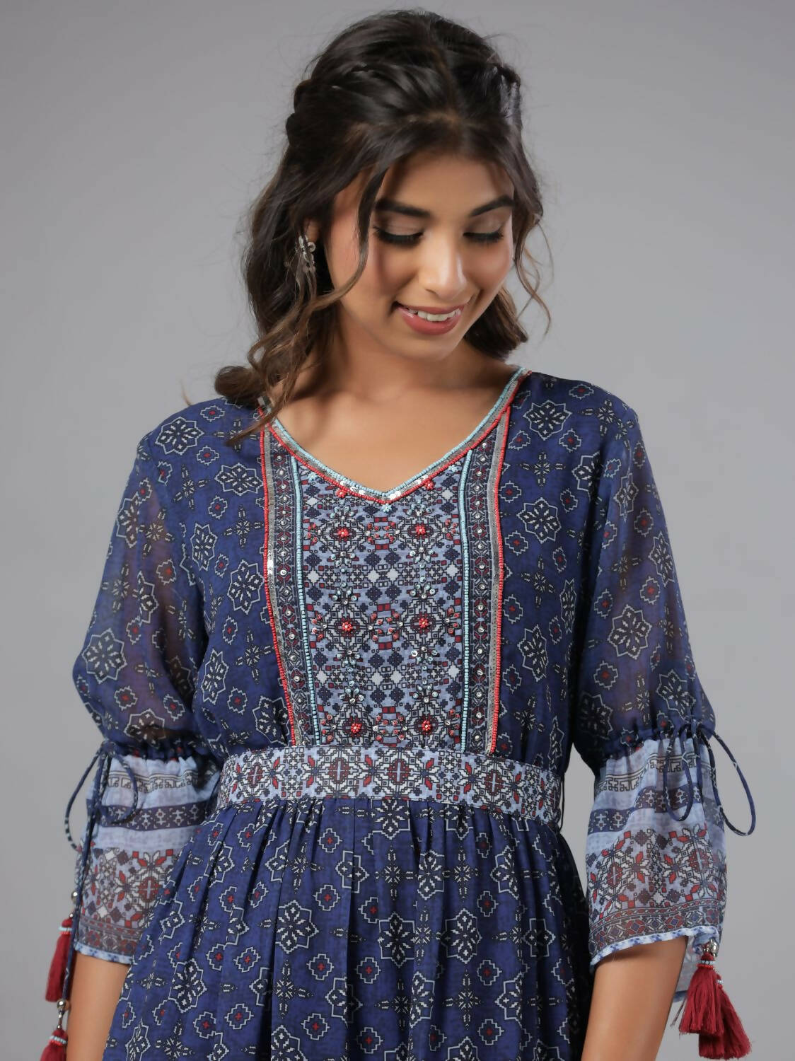 Juniper Women Navy Blue Georgette Geometric Printed Tiered Maxi Dress