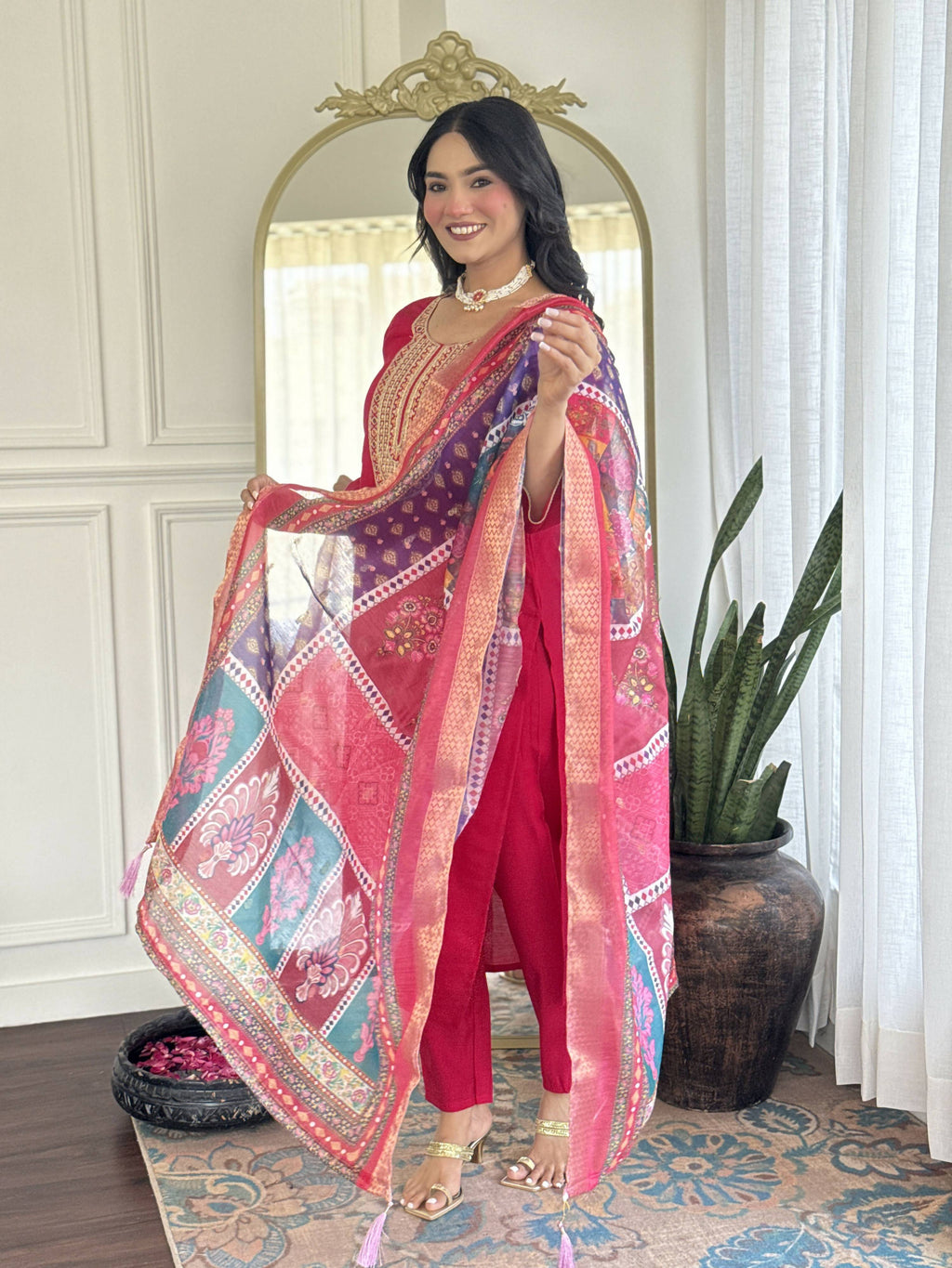 The52 Rani Gorgeous Embroidered Chanderi Silk Fabric Straight Kurta Pant with Dupatta Set