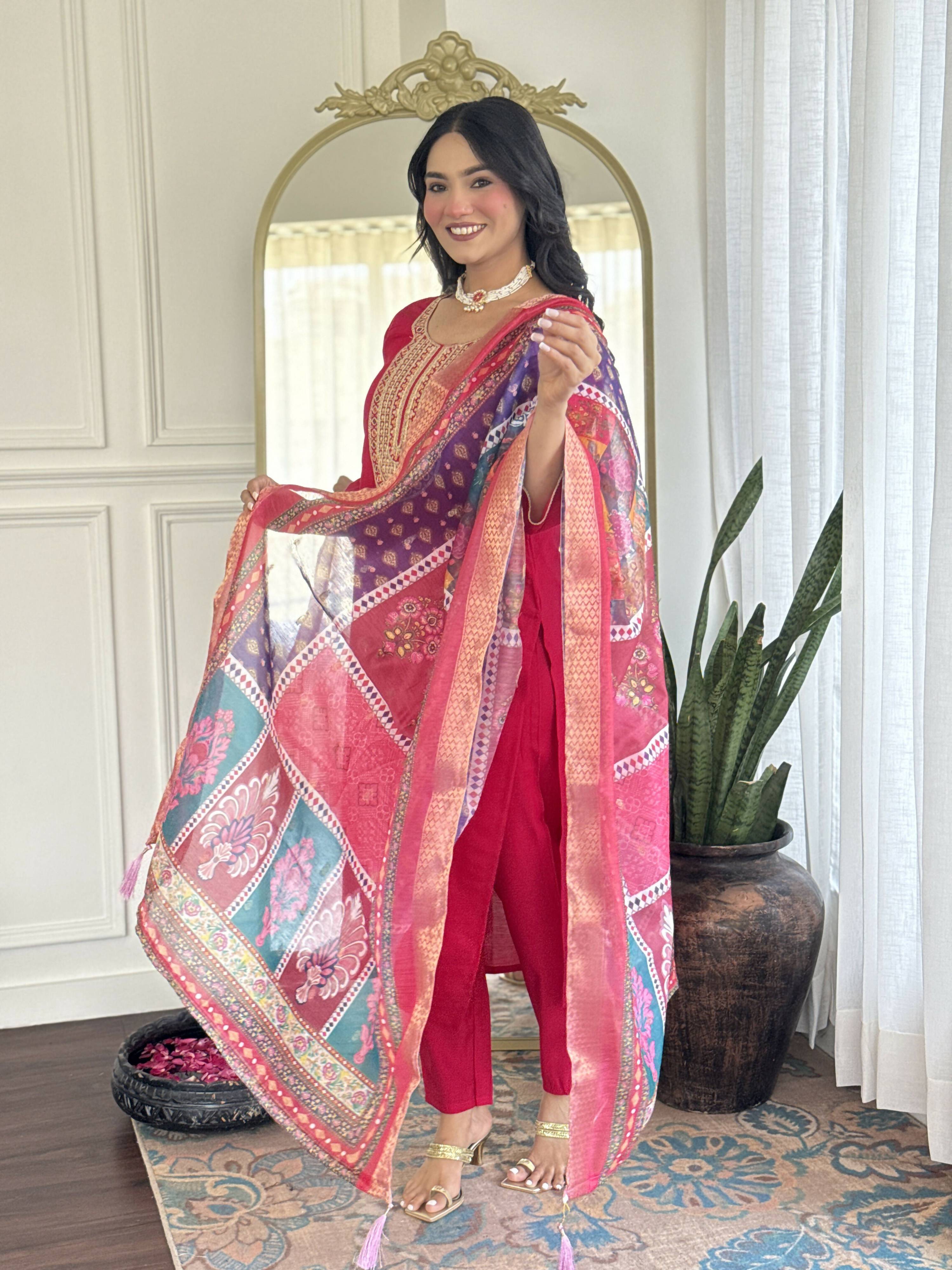 The52 Rani Gorgeous Embroidered Chanderi Silk Fabric Straight Kurta Pant with Dupatta Set