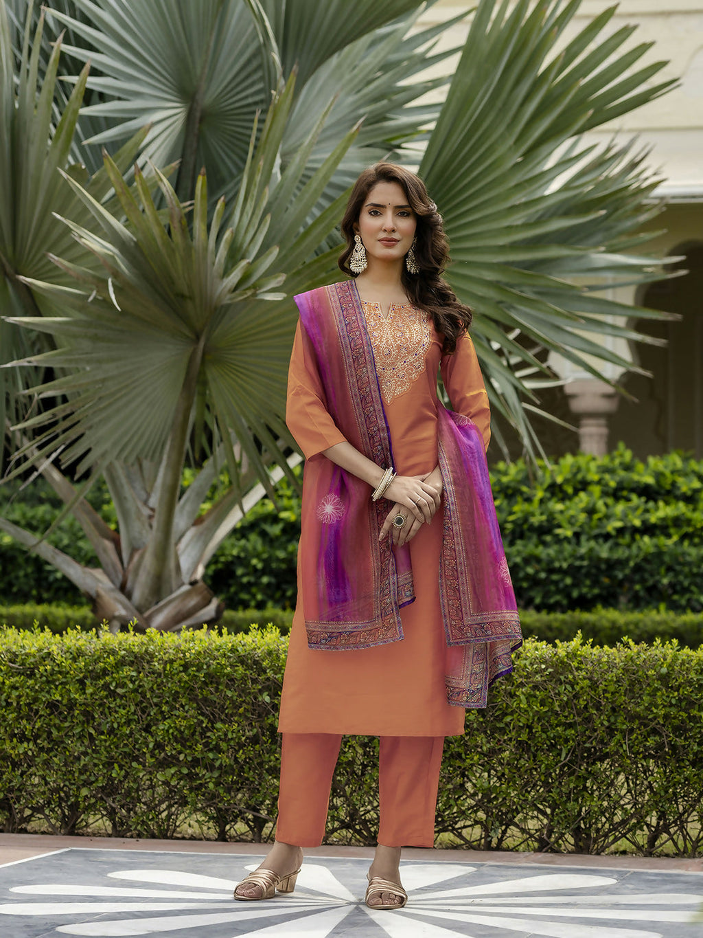 The52 Orange Women's Gorgeous Embroidered Rayon Fabric with Straight Kurta, Pant and Dupatta Set