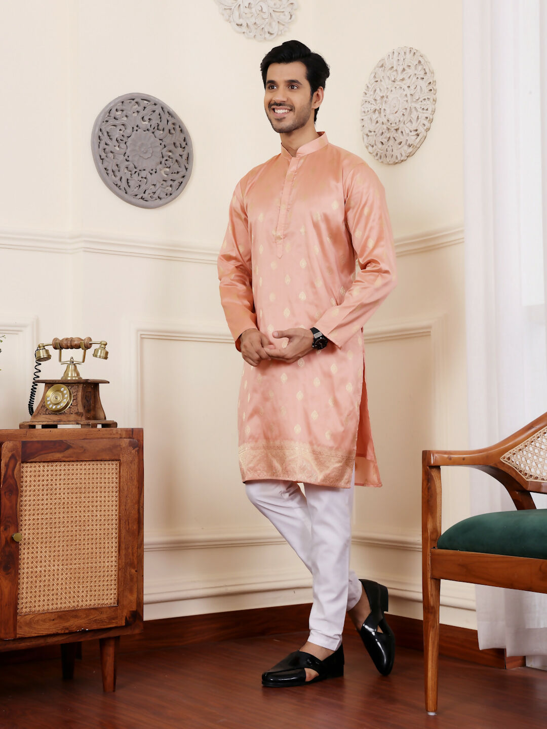 Peach Viscose Woven Jacquard Work Men's Rajwadi Kurta Set - Mahotsav