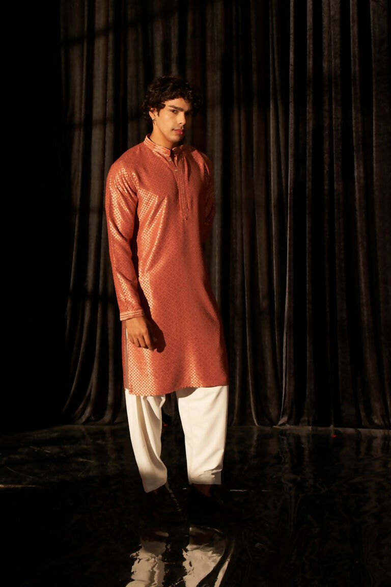 Red viscose Chikankari Embroidery Work Men's Traditional Kurta Set - Mahotsav