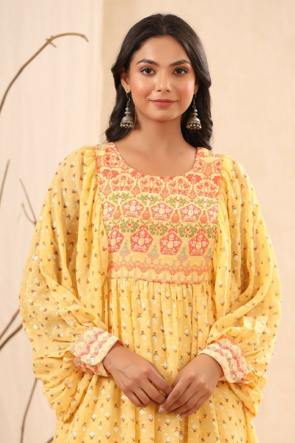Juniper Yellow Ethnic Motif Printed Georgette Midi Dress With Sequins Work
