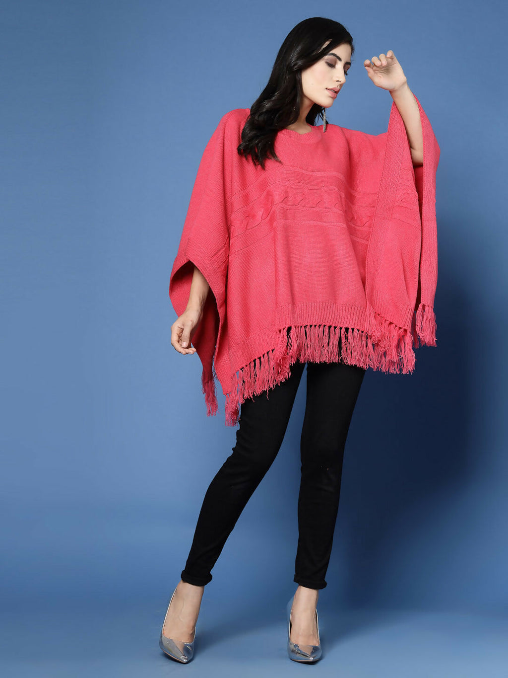 Women Fuchsia Acrylic Self Design Poncho - Wool Trees