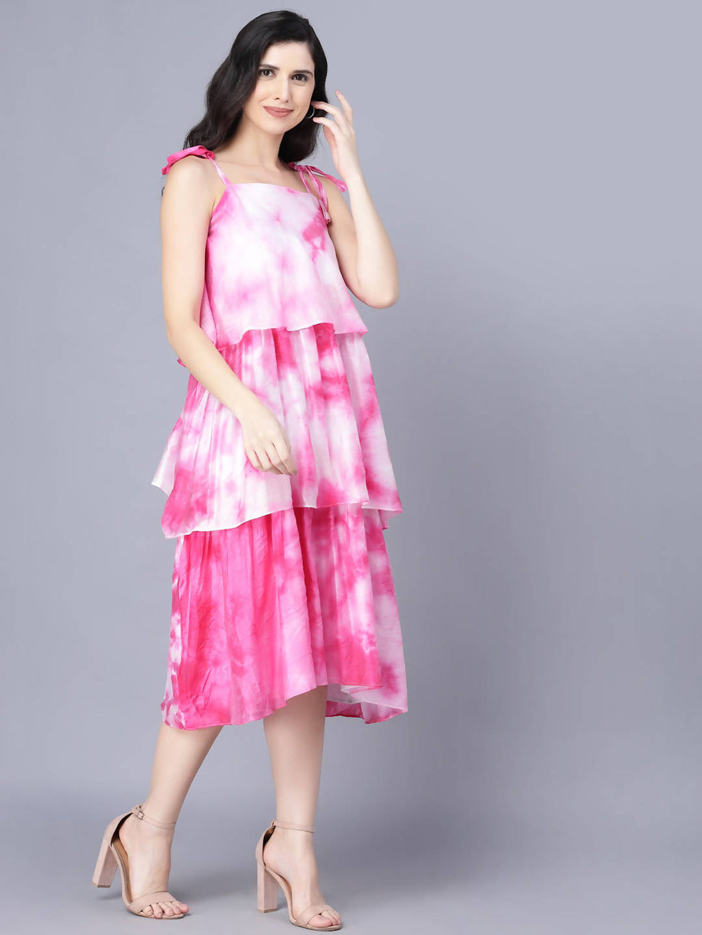 Myshka Women White Tie and Dye Dyed Layered A-Line Midi Dress
