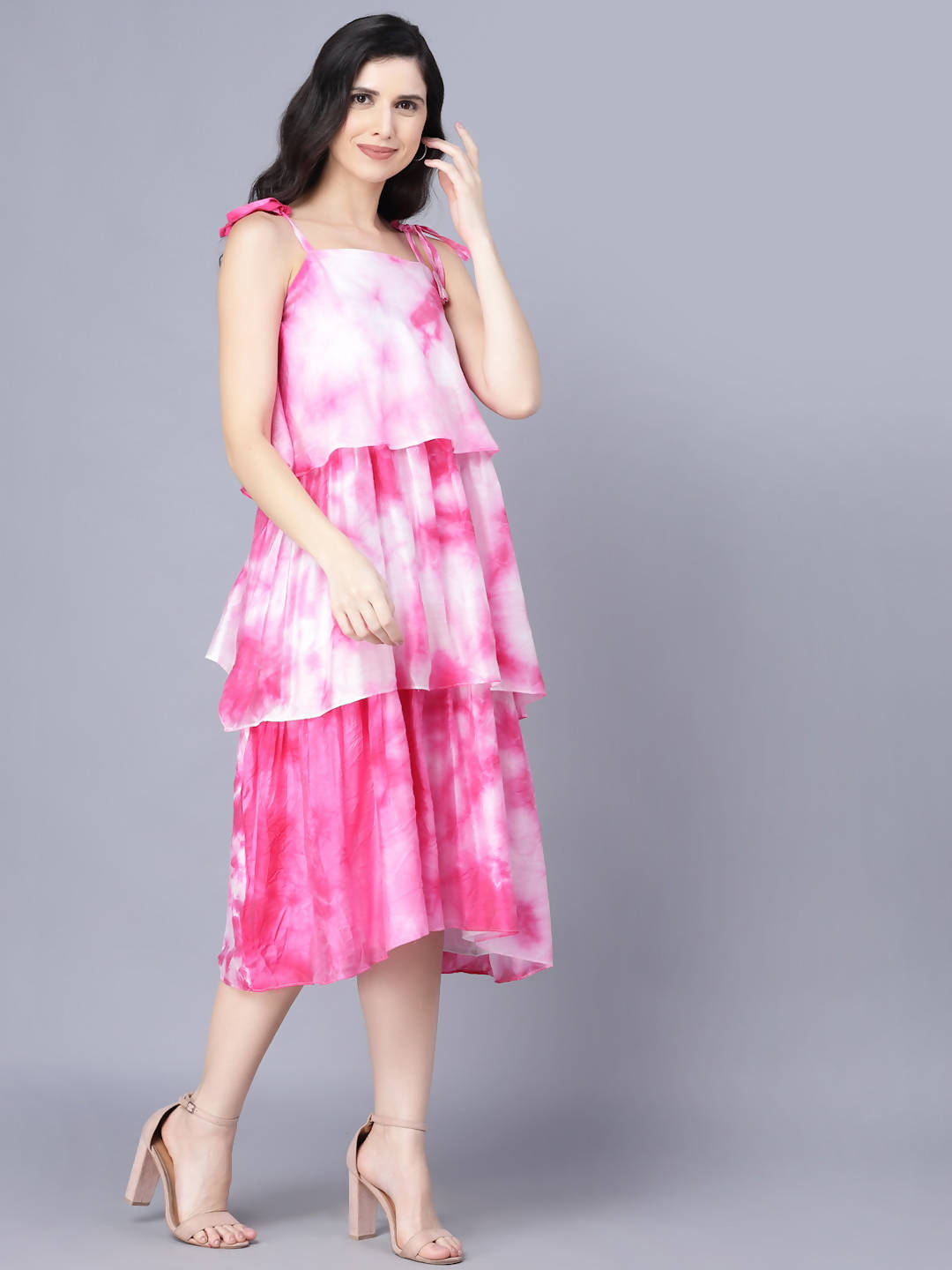 Myshka Women White Tie and Dye Dyed Layered A-Line Midi Dress
