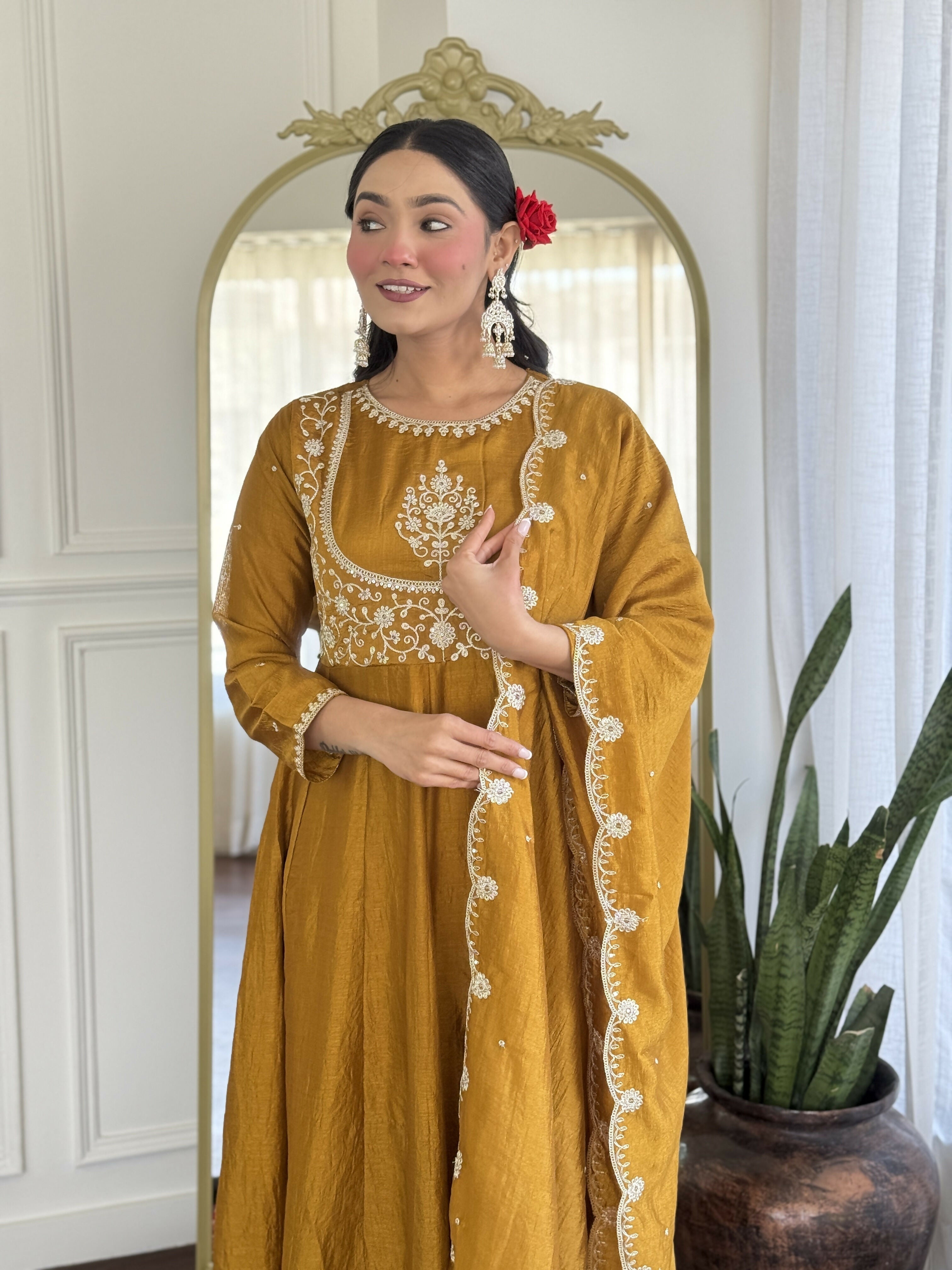 The52 Mustard Women's Gorgeous Embroidered Vichitra Silk Fabric Flared Kurta Pant with Dupatta Set