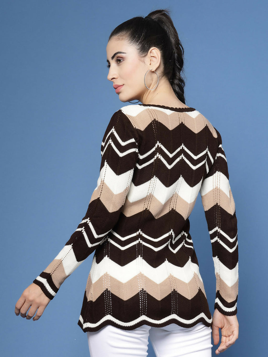 Women Self Design Brown Acrylic Winter Sweater - Wool Trees