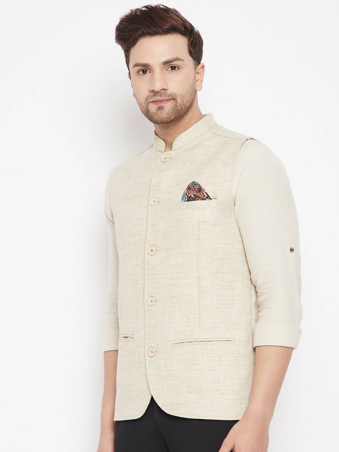 Even Apparels Beige Linen Men Woven Nehru Jacket