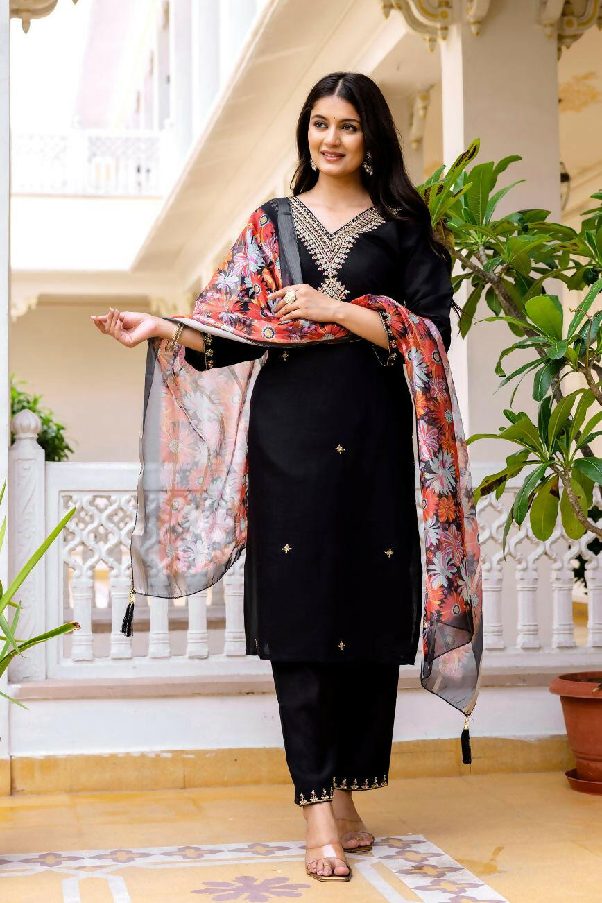 The52 Black Women's Beautiful Viscose Chanderi Fabric Embroidered Work Straight Kurta Pant and Dupatta Set