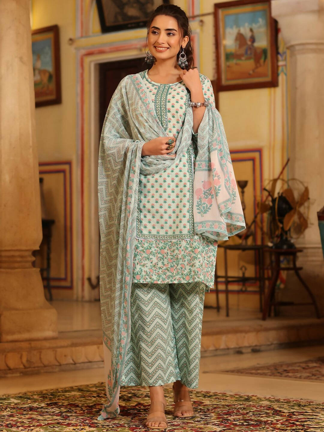 Juniper Women's Seagreen Cambric Floral Printed Kurta Palazzo Set