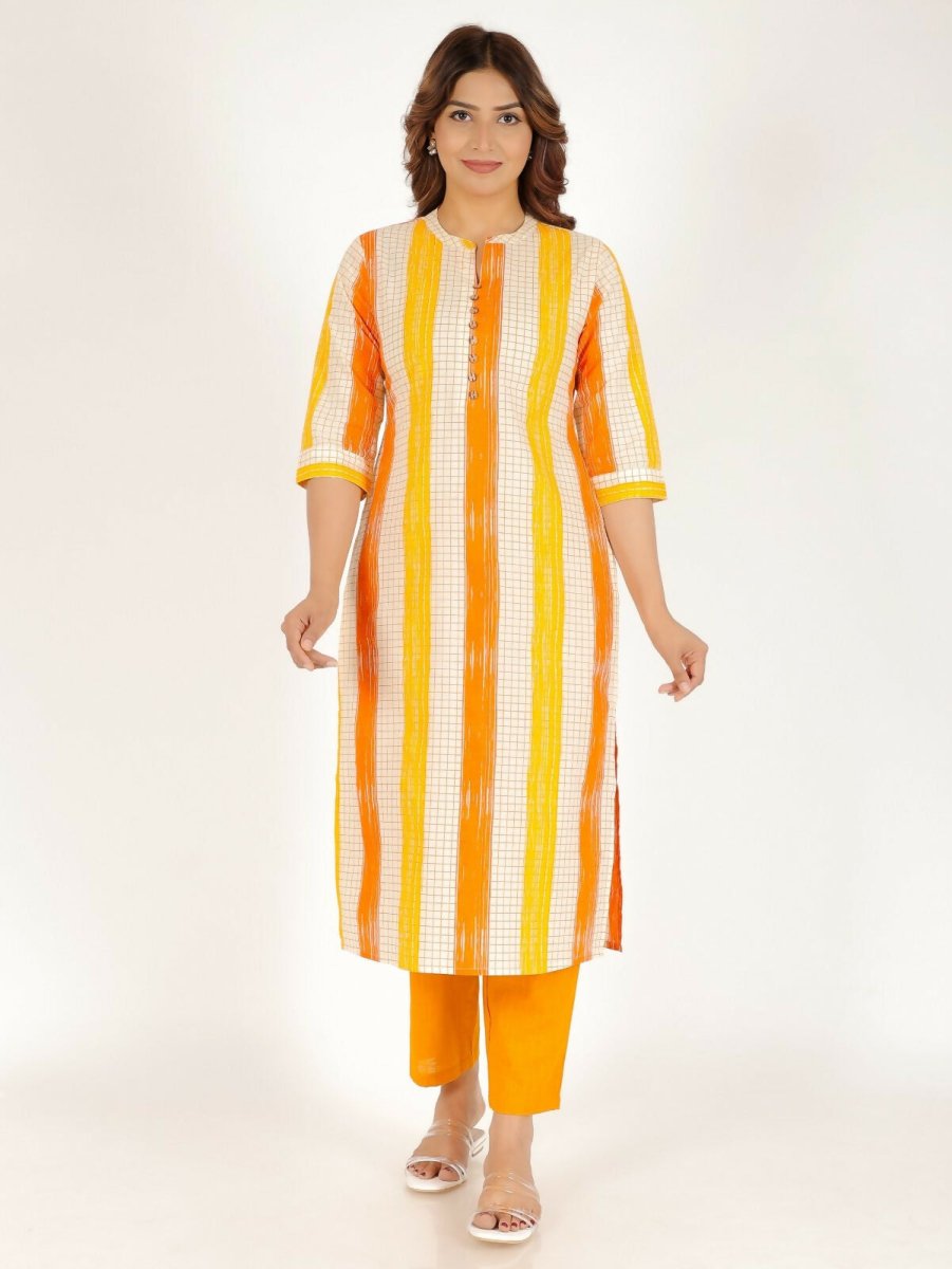 Aramya Yellow Soft Cotton Checkered Print Straight Kurta Set for Women