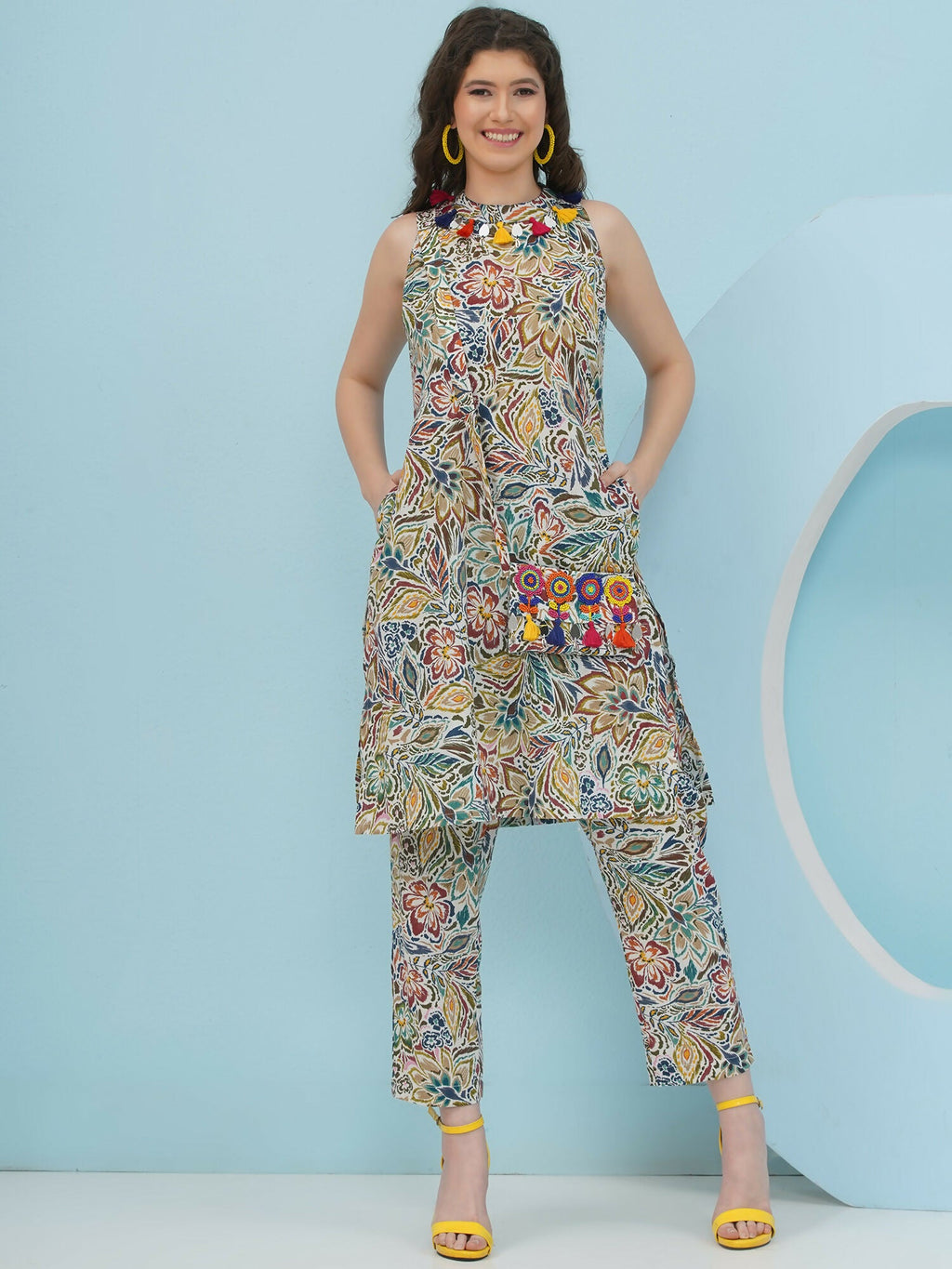 Joban Fashion Floral Co Ord Set With Embellished Sling Bag - Multi