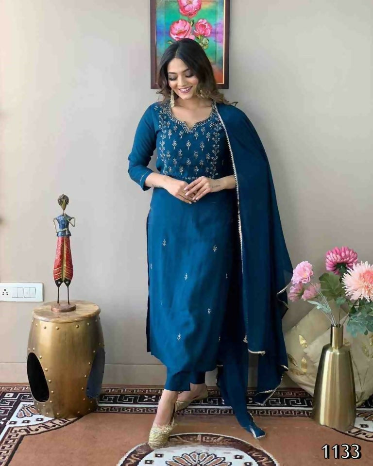 Ethnic Festive Wear Reyon Slub Rama Stitched Suit With Dupatta - Tanisha