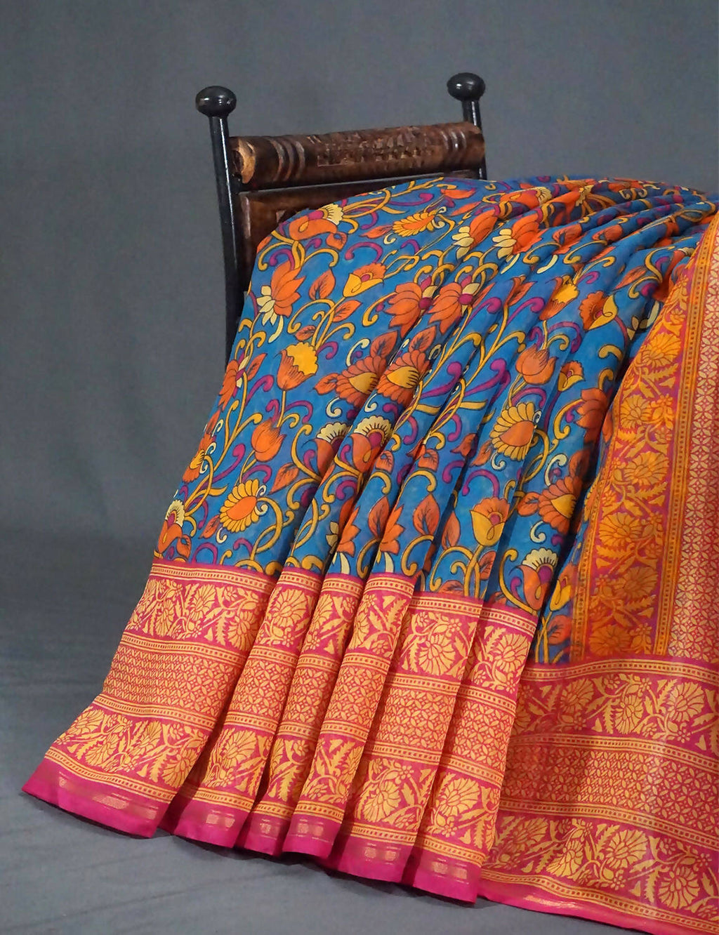 Multi Shades Of Peacock Blue Kalamkaari Design Semi Chanderi Saree With Contrast Blouse By Gayathri Reddy Designer Studio