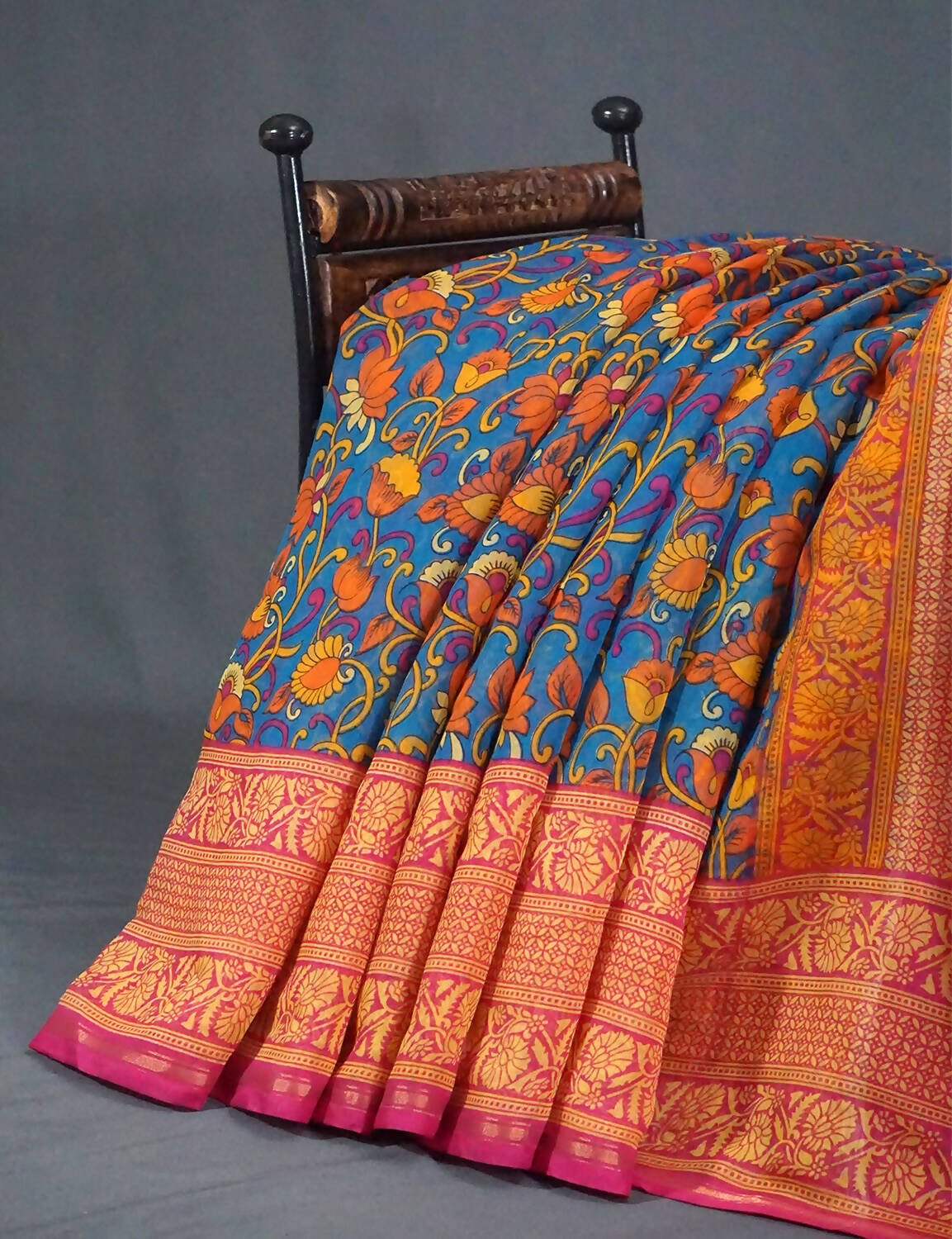 Multi Shades Of Peacock Blue Kalamkaari Design Semi Chanderi Saree With Contrast Blouse By Gayathri Reddy Designer Studio