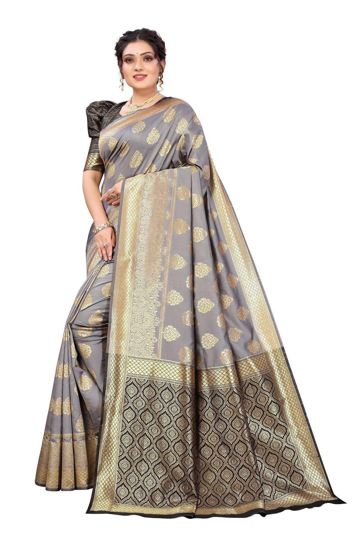 Vamika Ethnic Fire Grey Weaving Banarasi Jacquard Saree