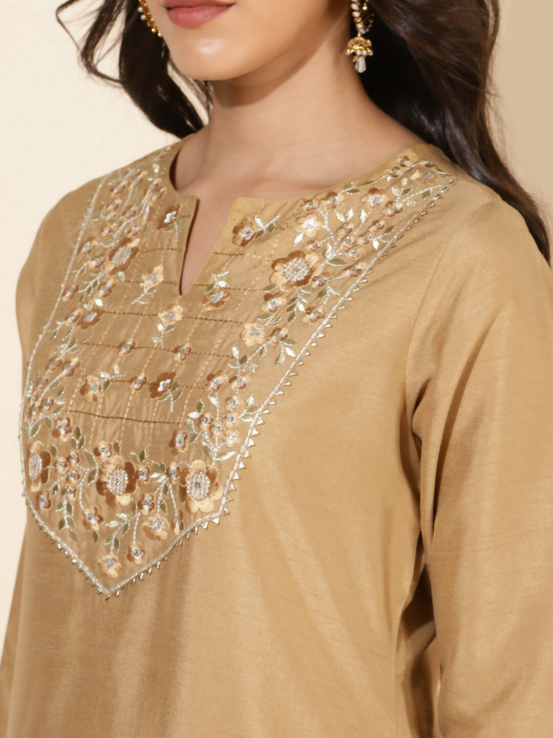 Janasya Women's Gold Crepe Silk Yoke Embroidery Festive Straight Kurta Set