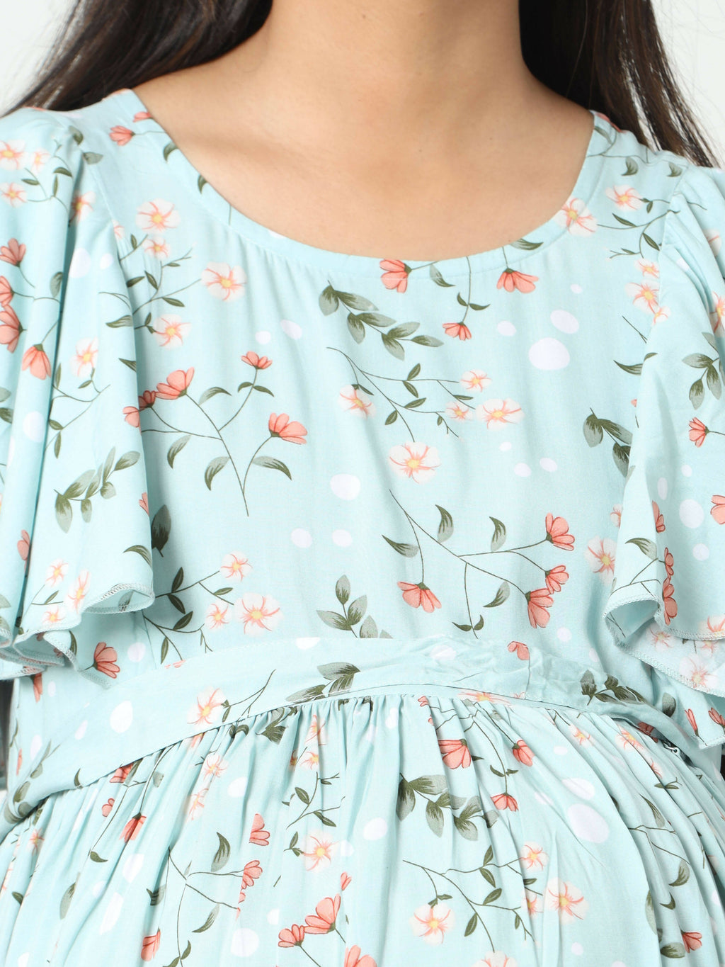 Manet Frill With Sleeve Maternity Dress Floral Print With Concealed Zipper Nursing Access - Green