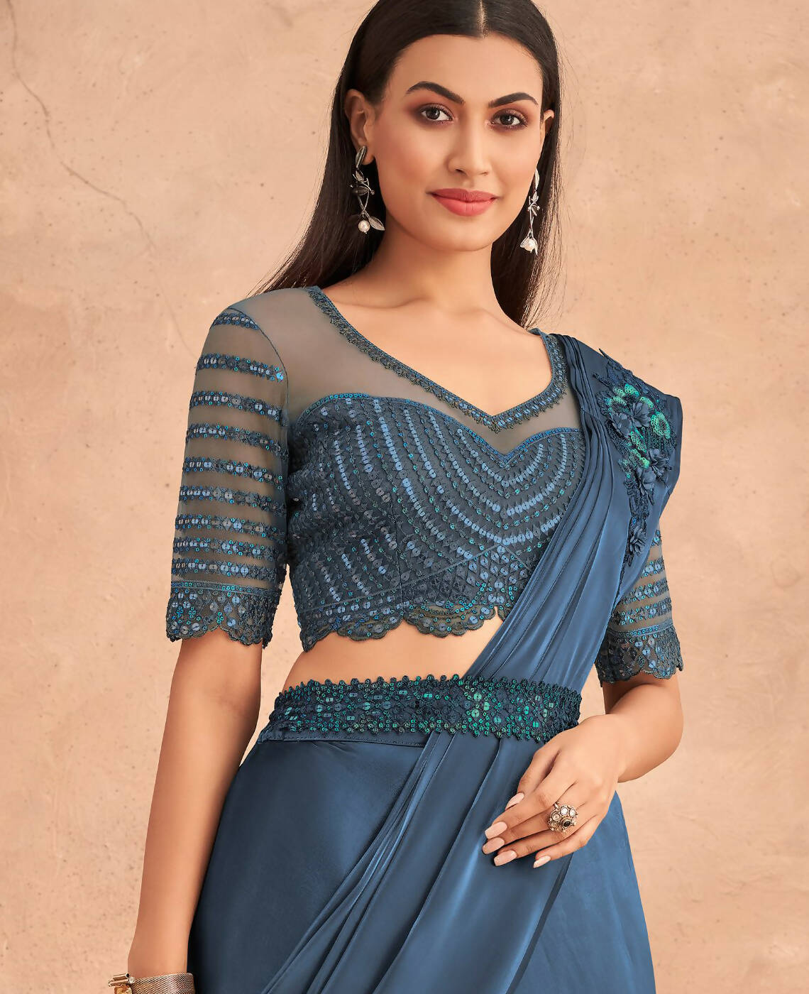 Navy Blue Satin Embroidered Ready To Wear Saree With Unstitched Blouse Piece - Nandika