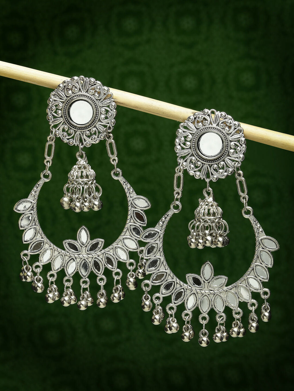 NVR Women's Silver-Plated Mirror Work Oxidised Chandbali Earrings