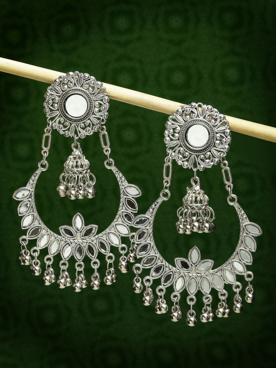 NVR Women's Silver-Plated Mirror Work Oxidised Chandbali Earrings